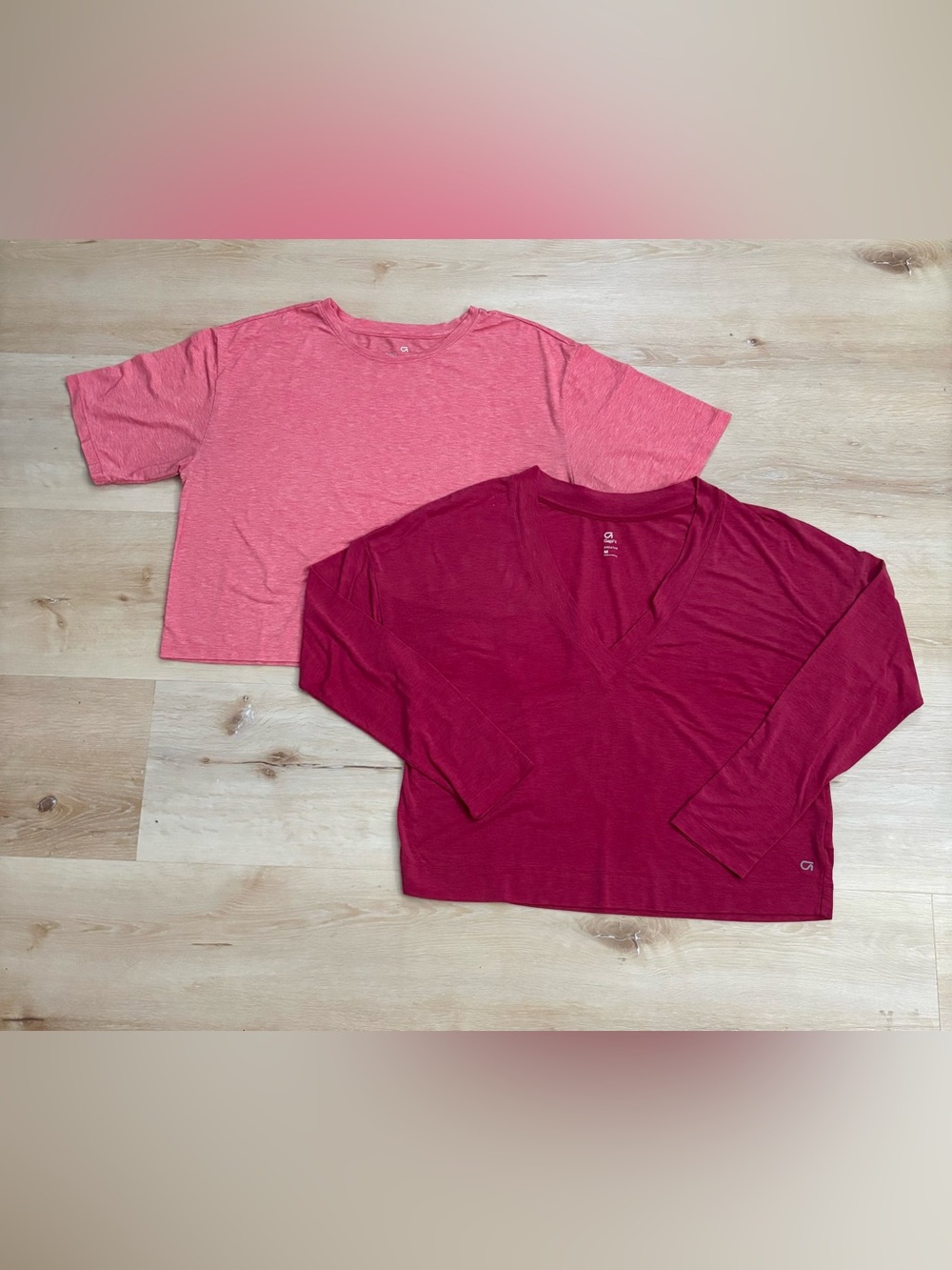 GAPFit Two Women's Cropped Tees in Pink (short) and Deep Berry (long)